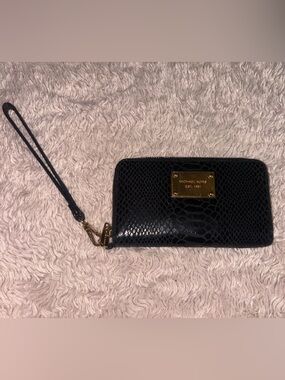 Michael Kors Black Snake-Embossed Zip Wristlet with Gold Plaque